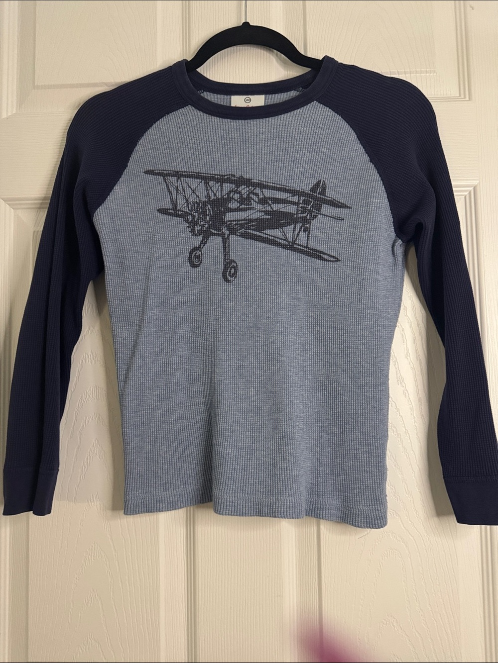 Long Sleeve Raglan Tee with Biplane Graphic - Navy/Light Blue